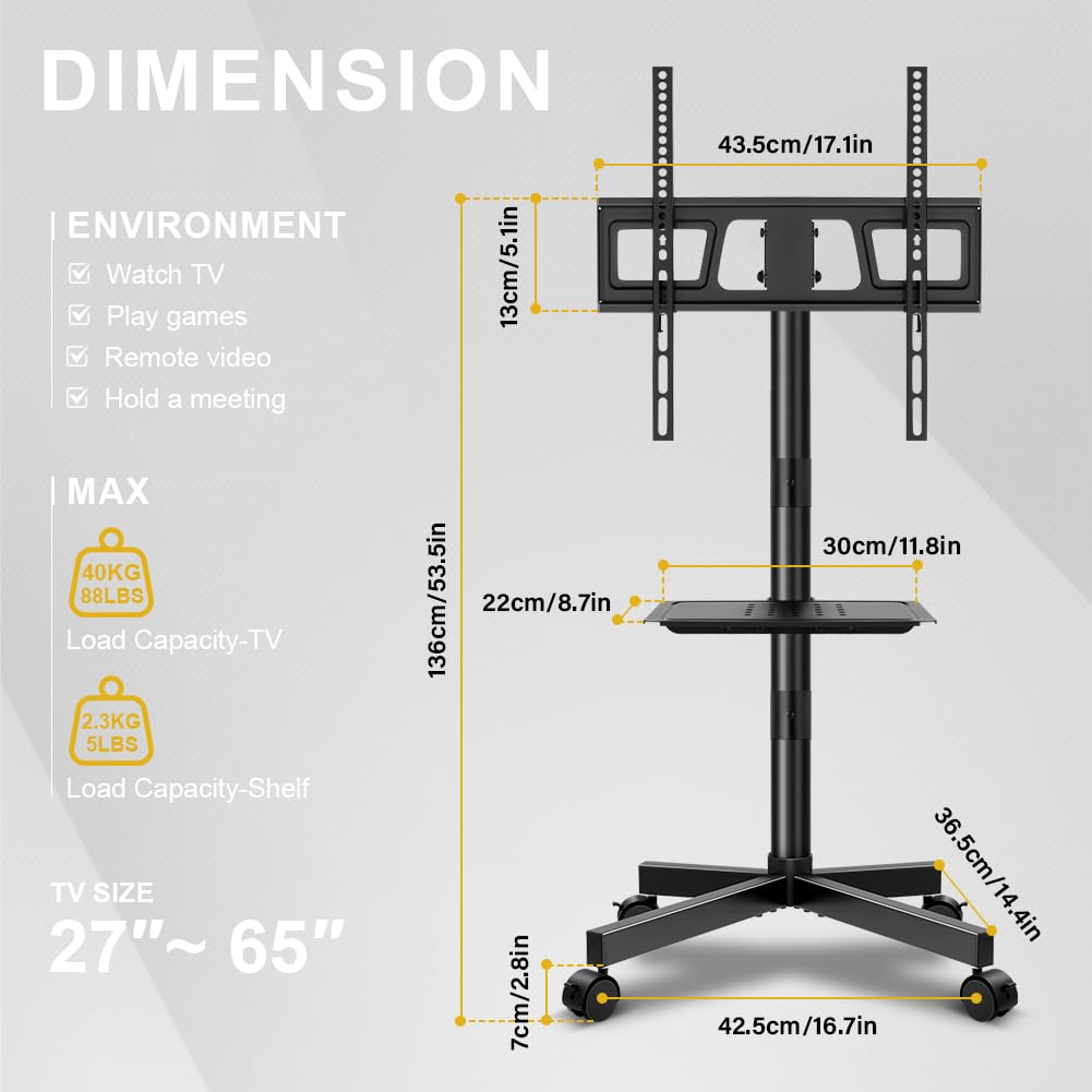 Mobile TV Cart Rolling TV Stand for 23-65 Inch Flat Panel Curved Screen TVs W1964