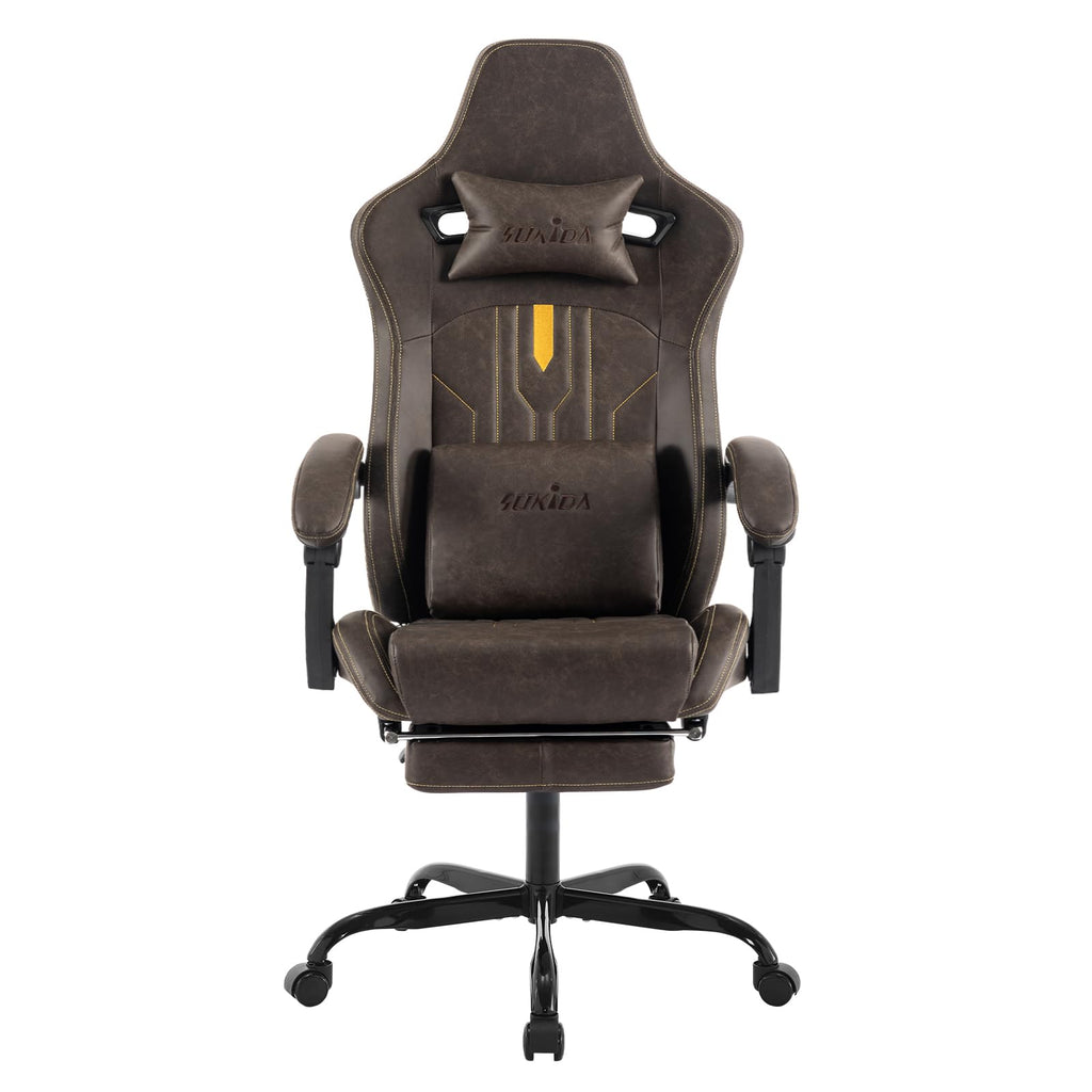 Brown Ergonomic Gaming Chair with Footrest and Massage Lumbar Cushion I159512