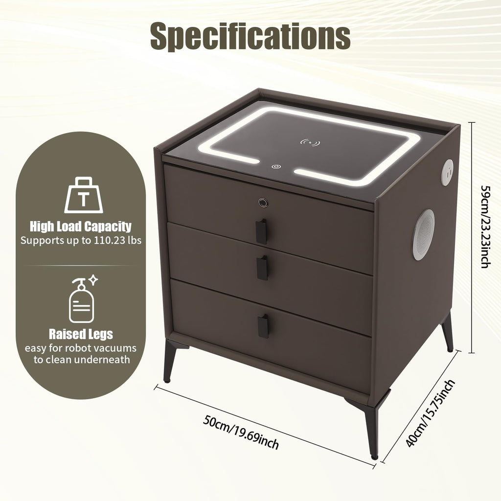 Dark Grey 3-Drawer Nightstand with Charging Station H988