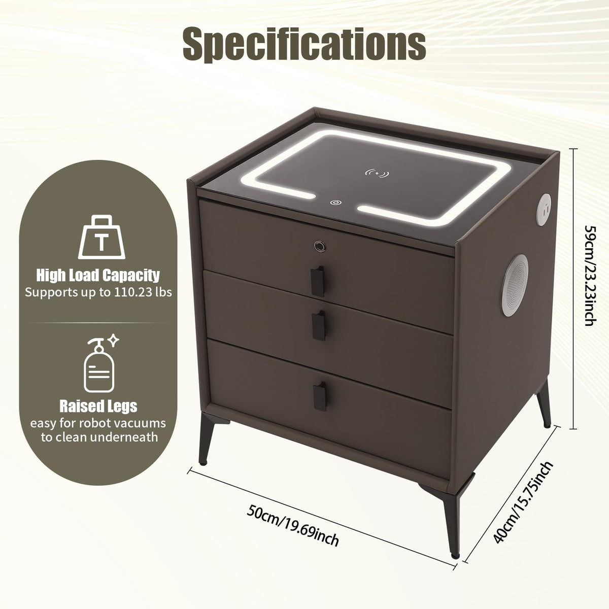 Dark Grey 3-Drawer Nightstand with Charging Station H988