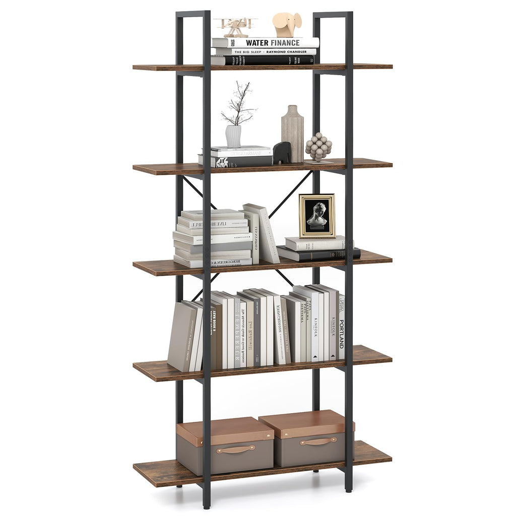 5-Tier Rustic Brown Bookshelf with Metal Frame U25939