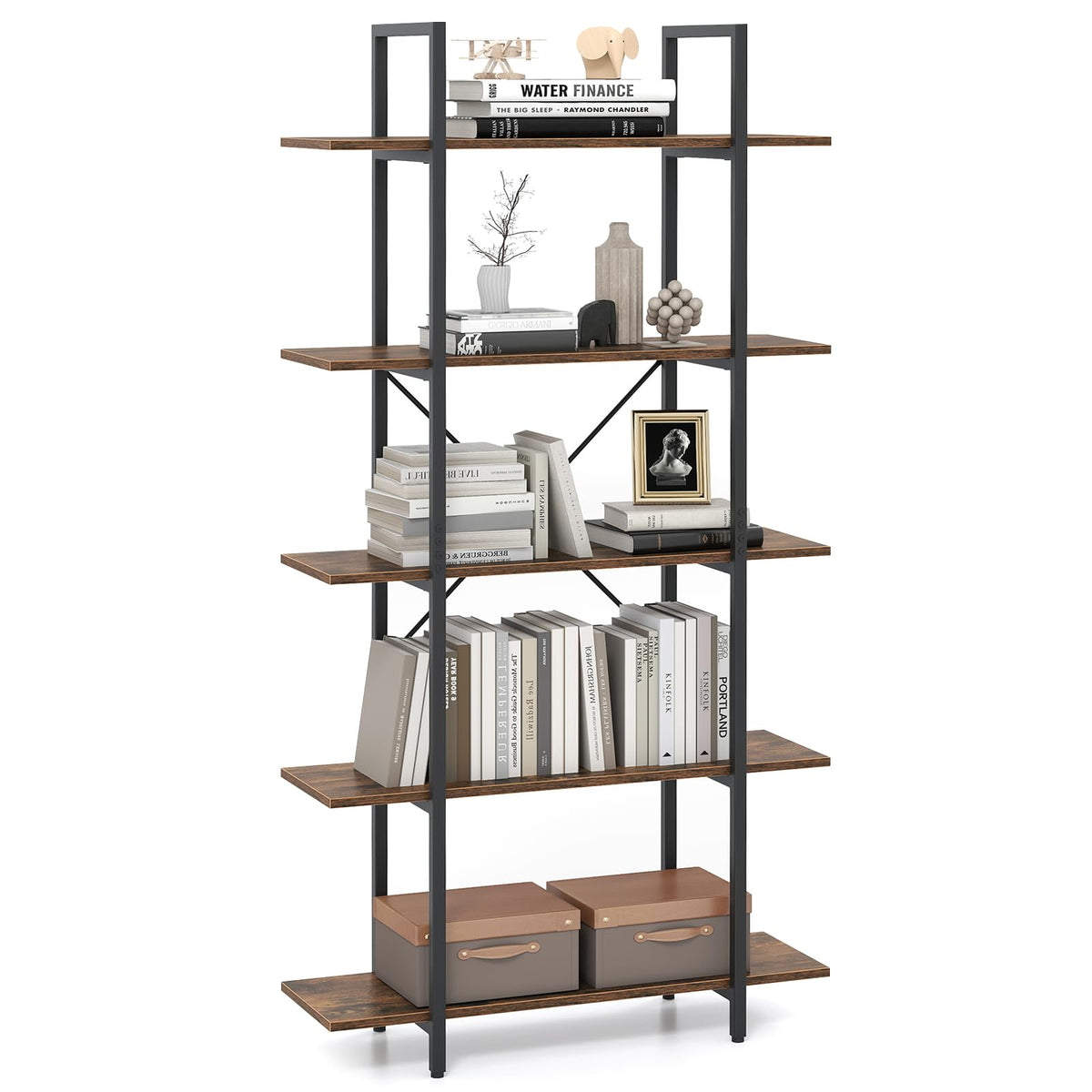 5-Tier Rustic Brown Bookshelf with Metal Frame U25939