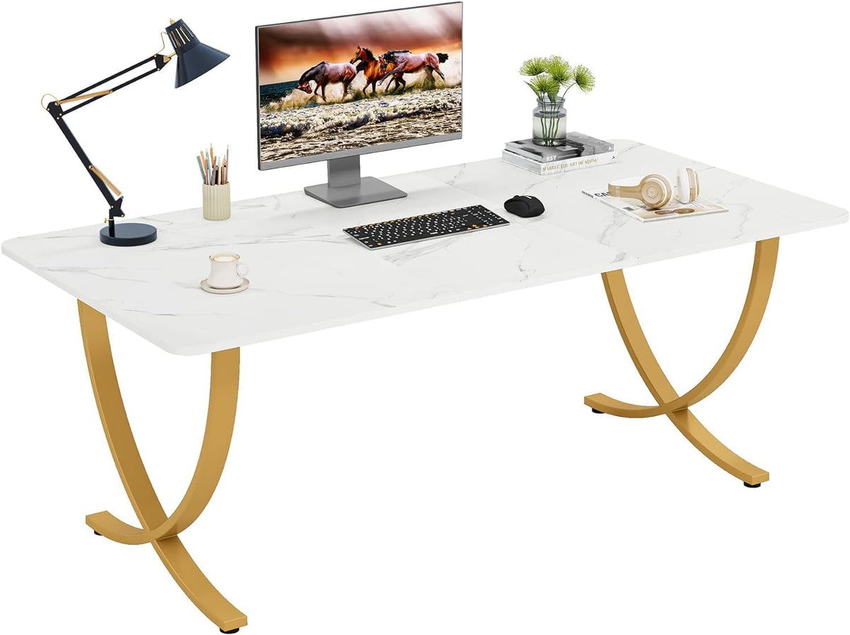63” Large White and Gold Office Desk Y935532