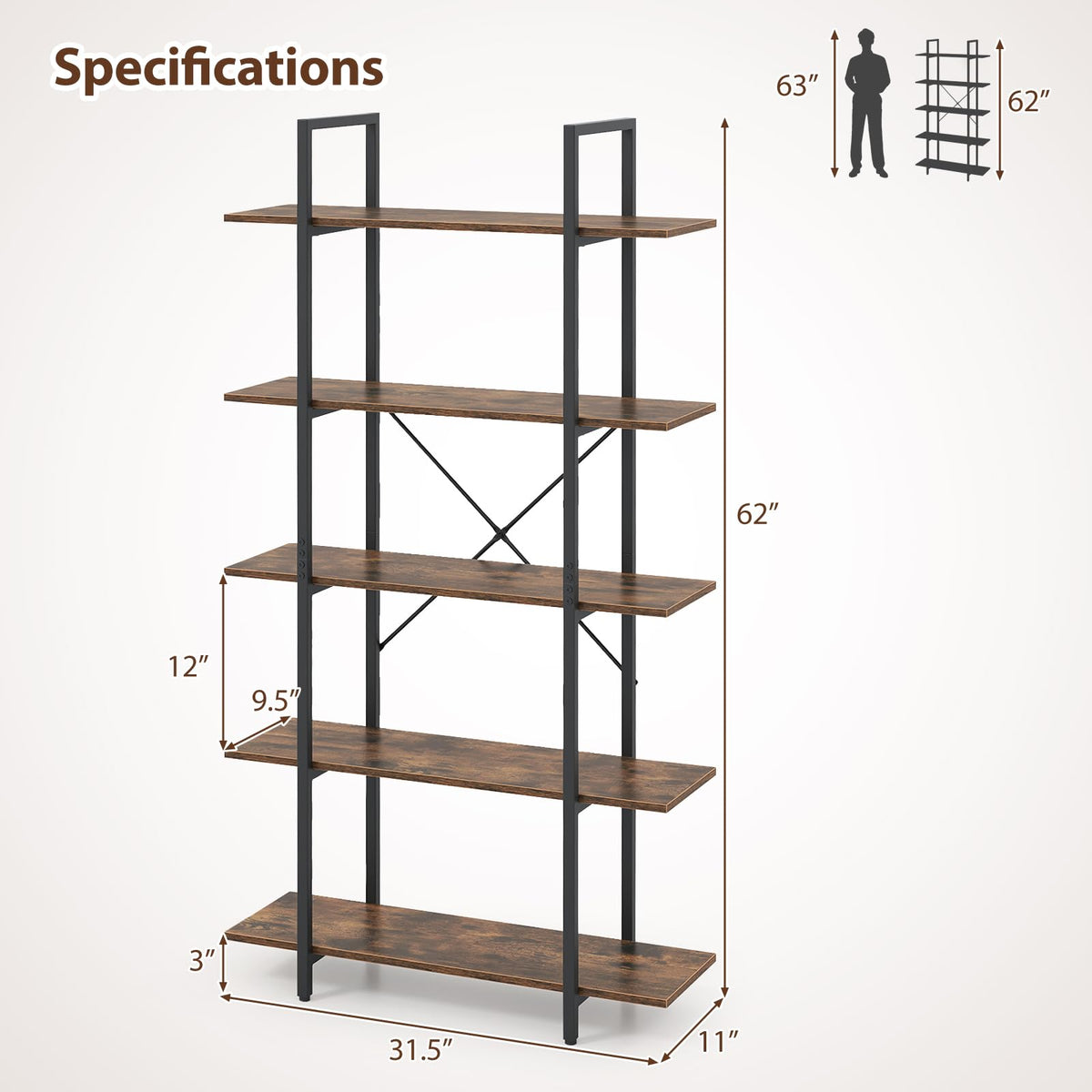 5-Tier Rustic Brown Bookshelf with Metal Frame U25939