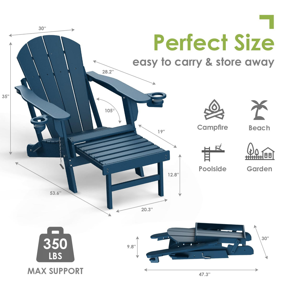 Blue Folding Adirondack Chairs with Ottoman Set of 6 P846153