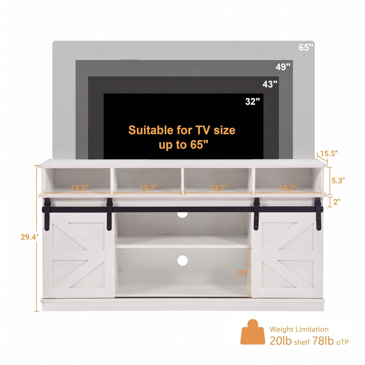 White Farmhouse TV Stand with Sliding Barn Doors J56102