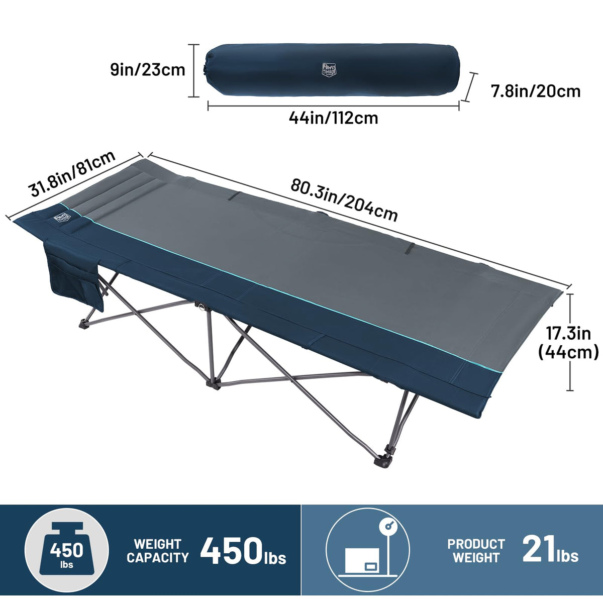 31.8" Extra Wide Heavy Duty Camping Cot with Carry Bag, Blue, 2 Pack F281