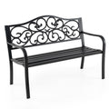 50 Inches Black Cast Iron Metal Patio Bench with Floral Backrest T1241