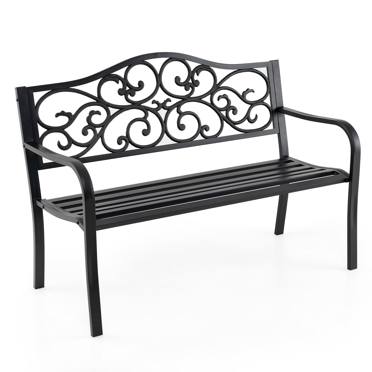 50 Inches Black Cast Iron Metal Patio Bench with Floral Backrest T1241