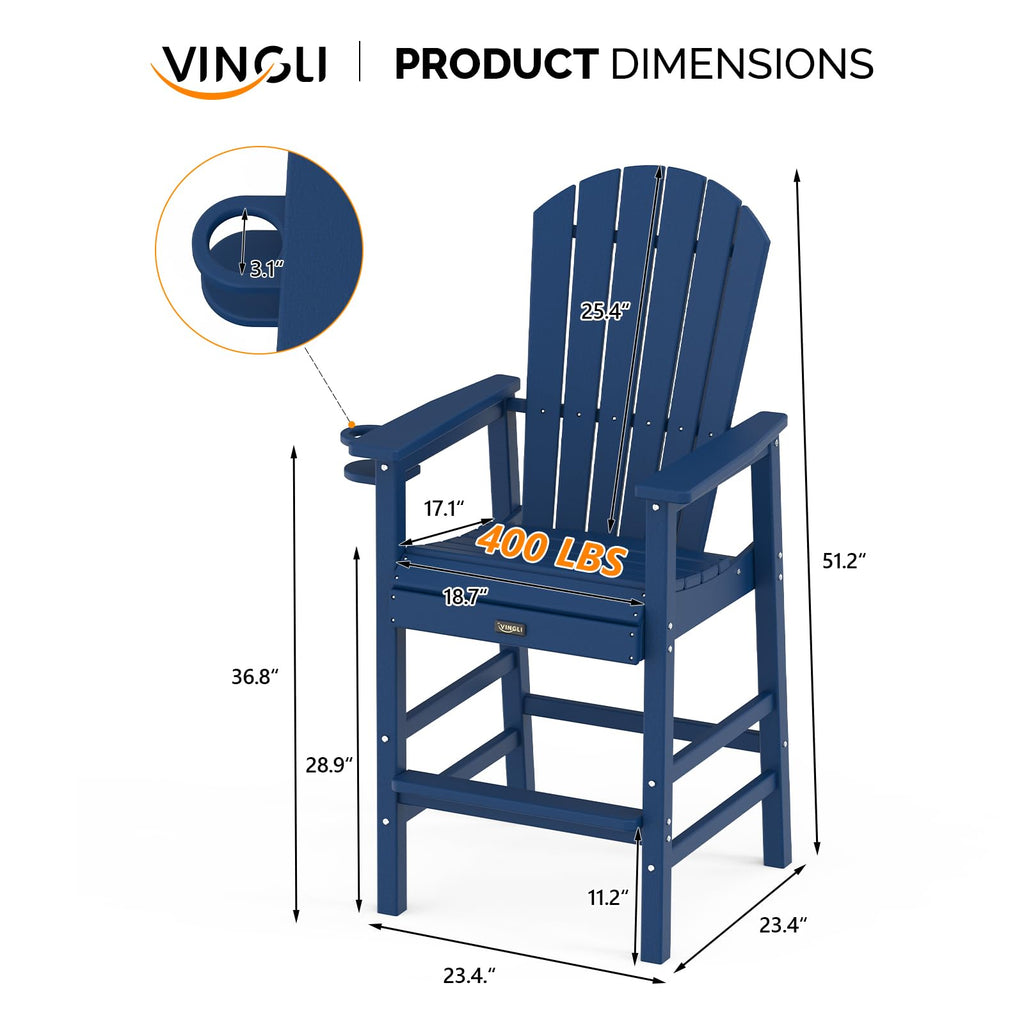 Tall Adirondack Chairs Set of 2, All-Weather Plastic with Cup Holders, Navy Blue A744