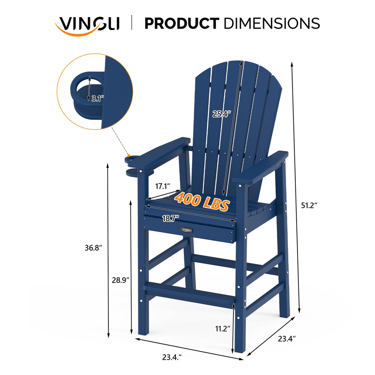 Tall Adirondack Chairs Set of 2, All-Weather Plastic with Cup Holders, Navy Blue A744