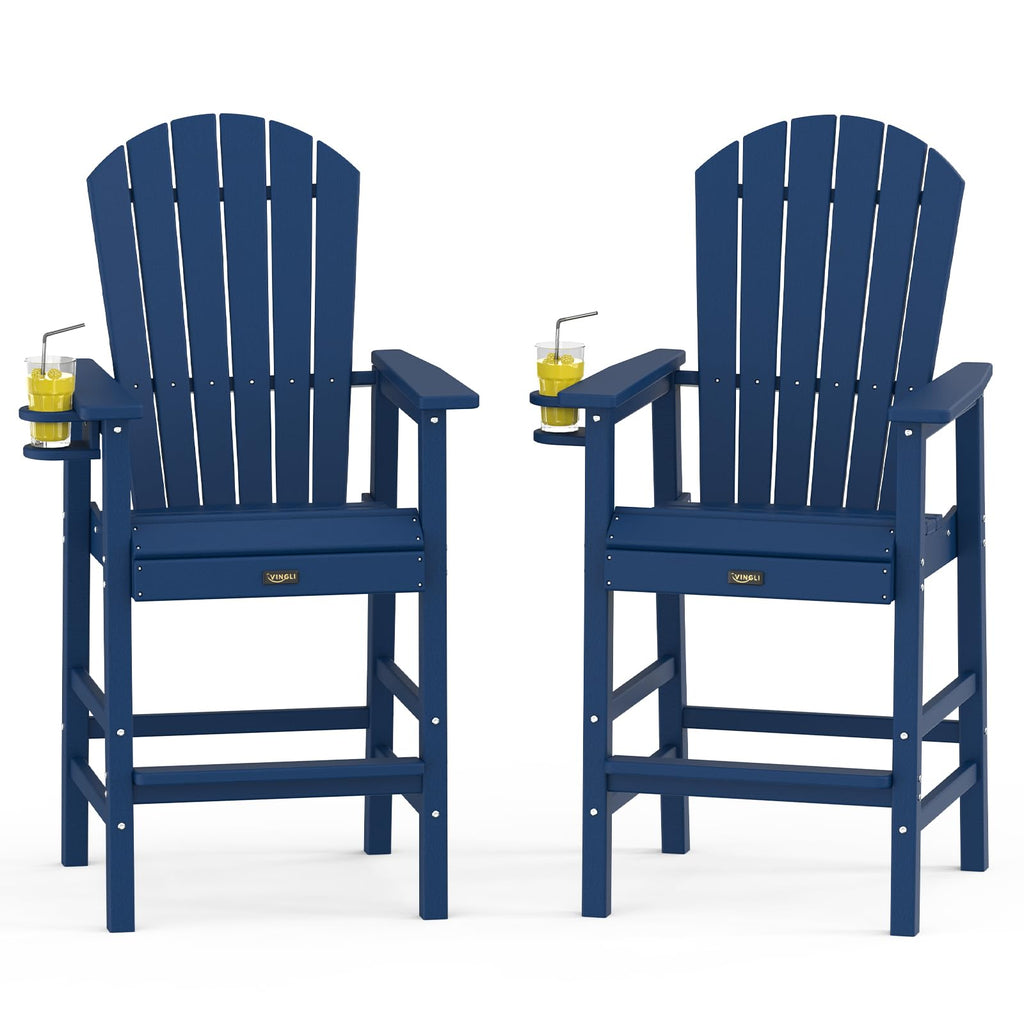 Tall Adirondack Chairs Set of 2, All-Weather Plastic with Cup Holders, Navy Blue A744