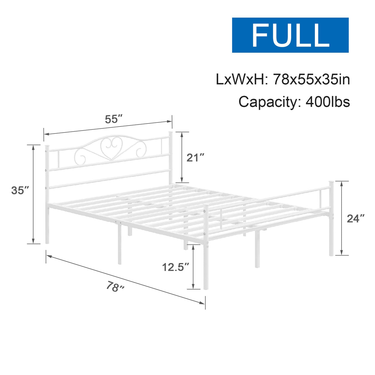 Full Size White Metal Platform Bed Frame with Headboard Q605