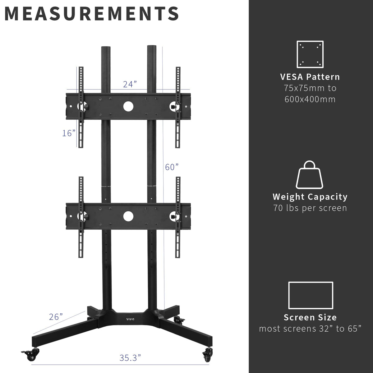 Mobile TV Cart for 32 to 65 inch Dual Screens, Rolling Stand with Locking Wheels, Black F77240