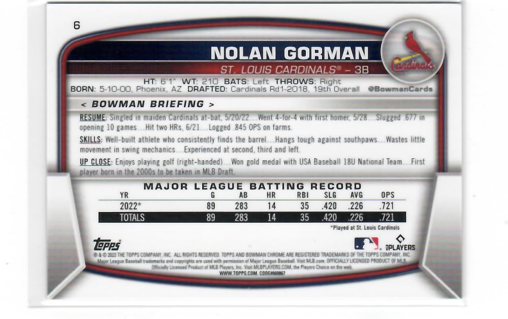 2023 Bowman Chrome Mega Box Mojo Refractor Blue #6 Nolan Gorman RC - Rookie Card /150 St. Louis Cardinals Baseball NM-MT F713227