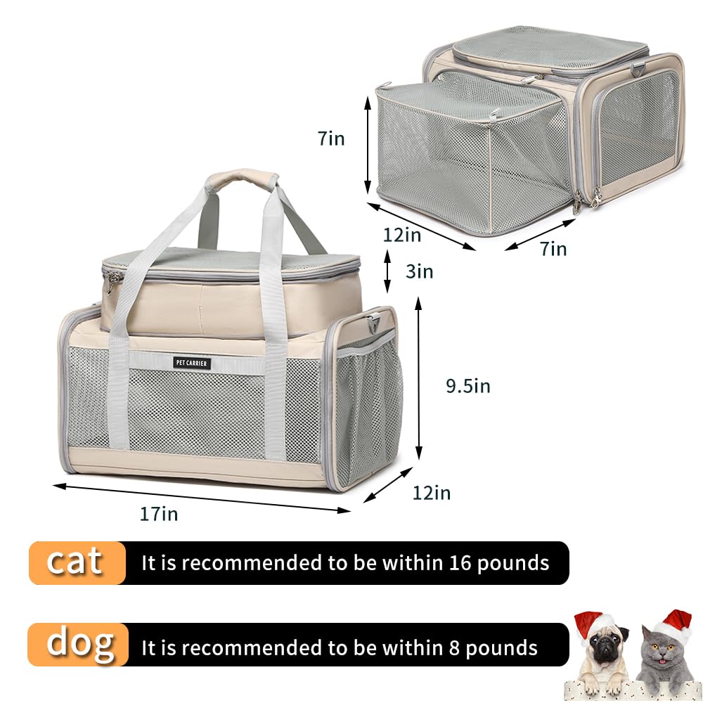Airline Approved Pet Carrier for Cats and Small Dogs up to 15 lbs, Breathable Mesh, Portable Travel Bag (Khaki, Expandable) C8015