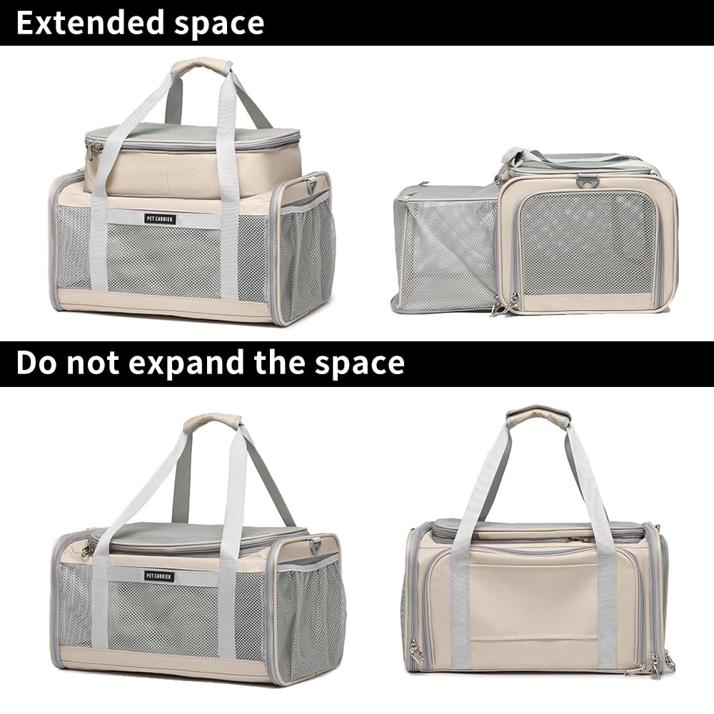Airline Approved Pet Carrier for Cats and Small Dogs up to 15 lbs, Breathable Mesh, Portable Travel Bag (Khaki, Expandable) C8015