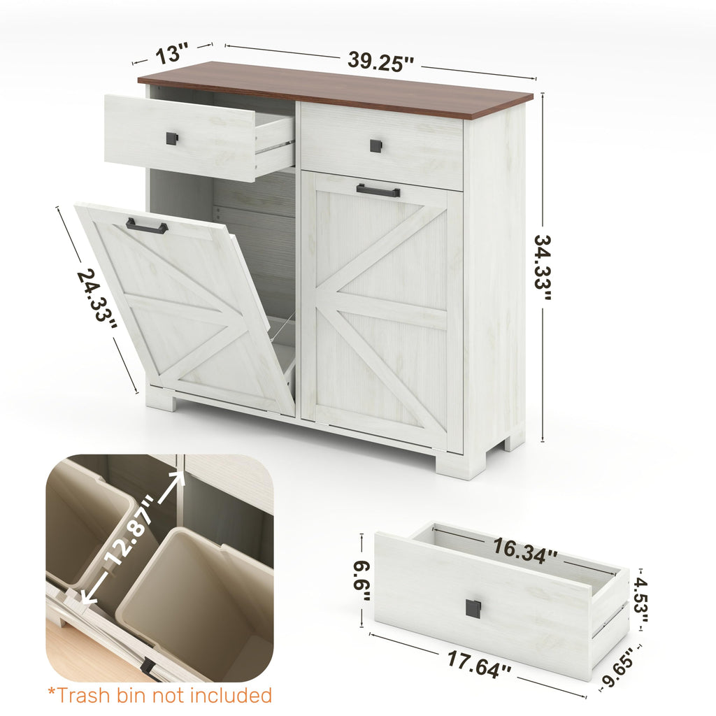 Antique White Wooden Tilt Out Trash Cabinet with 2 Storage Drawers U2595