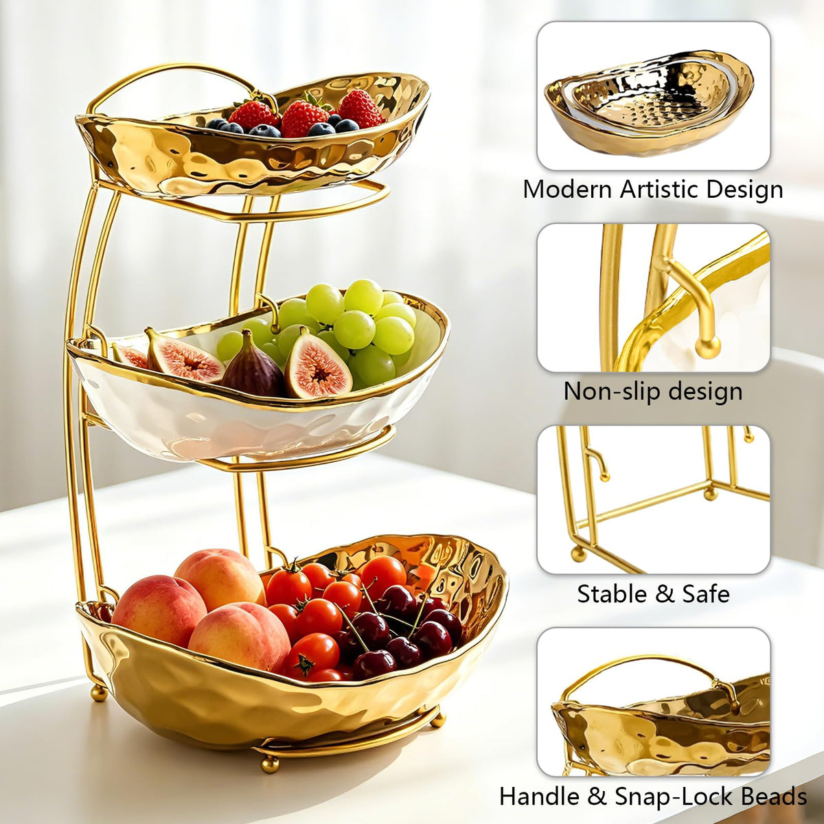3 Tier Ceramic Fruit Bowl with Metal Stand Y63627