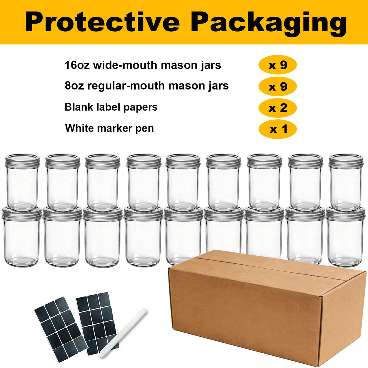 16 oz & 8 oz Clear Glass Mason Jars with Lids, Set of 18 H816558