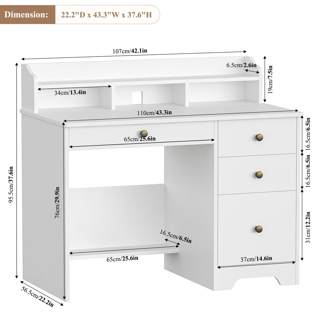 White Computer Desk with Drawers and Hutch Shelf N4485