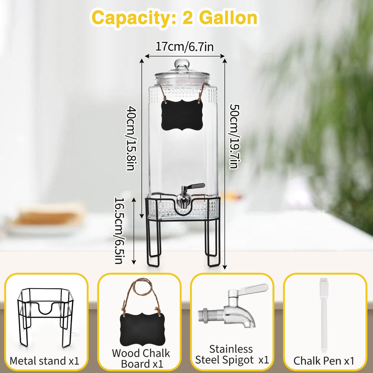2 Gallon Glass Drink Dispenser with Stand and Glass Lid M38439