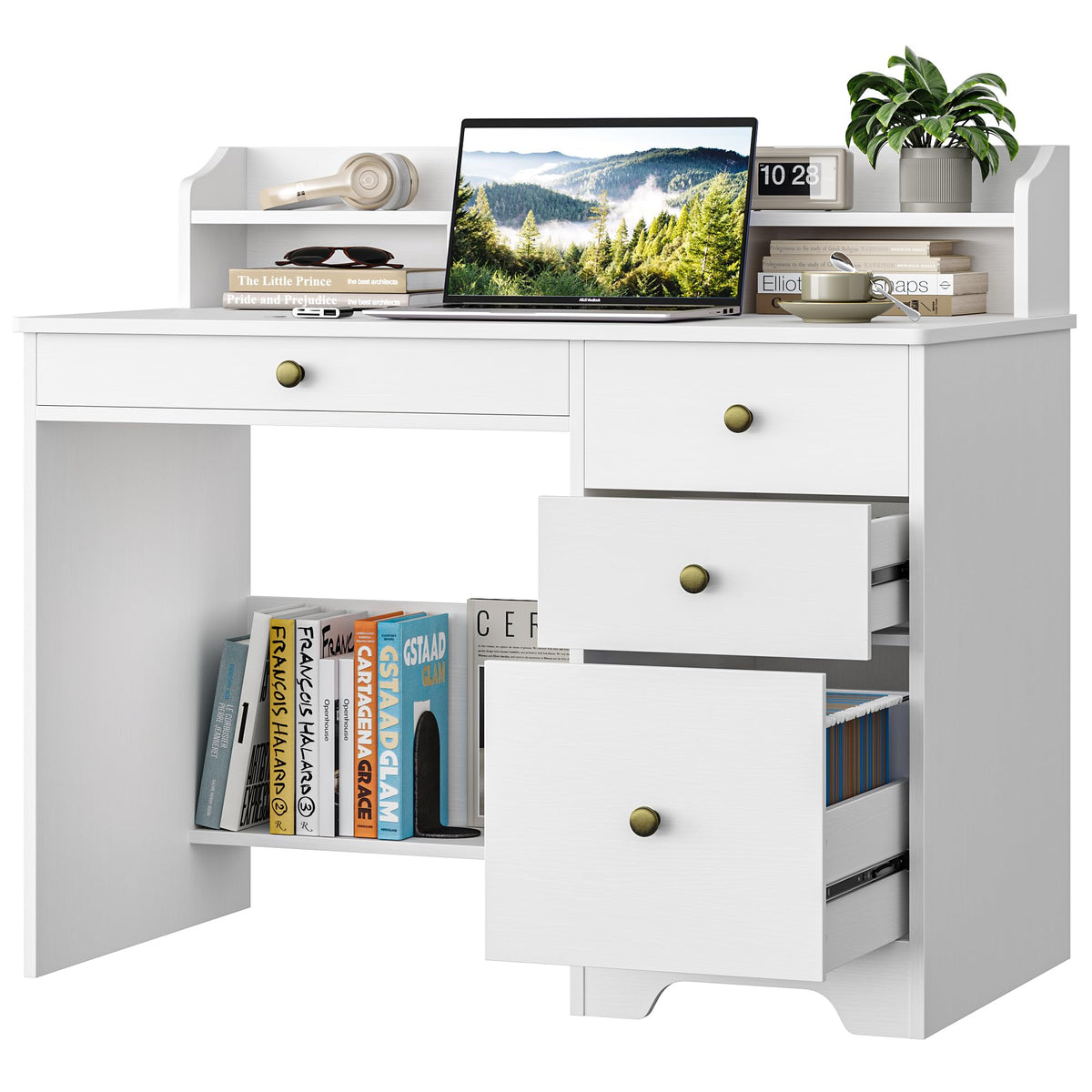 White Computer Desk with Drawers and Hutch Shelf N4485