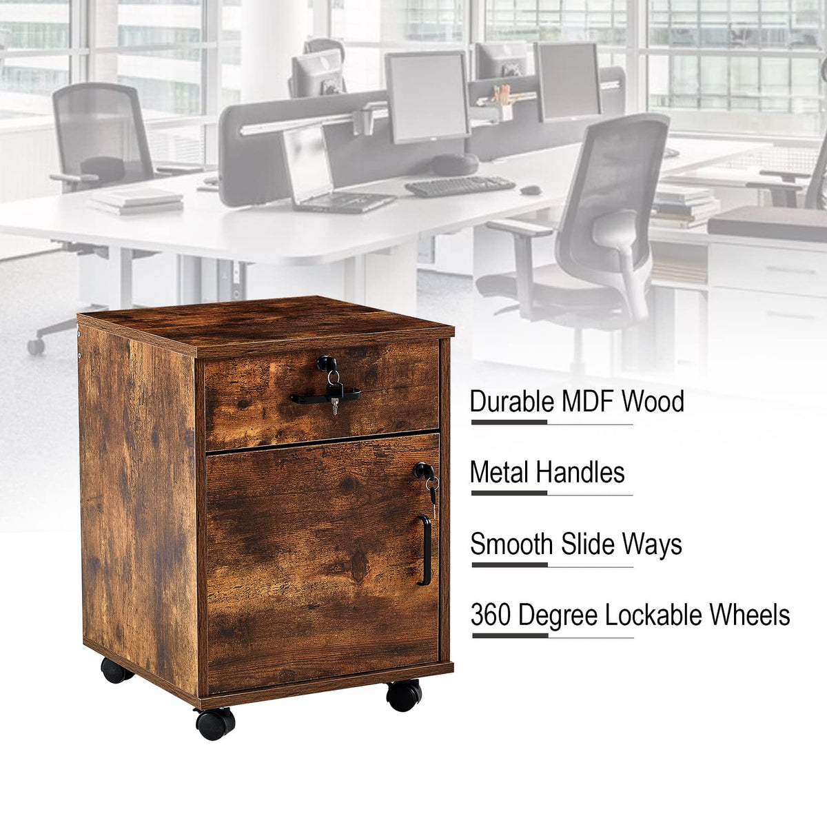 1 Drawer Wood File Cabinet with Lock and Wheels V7490