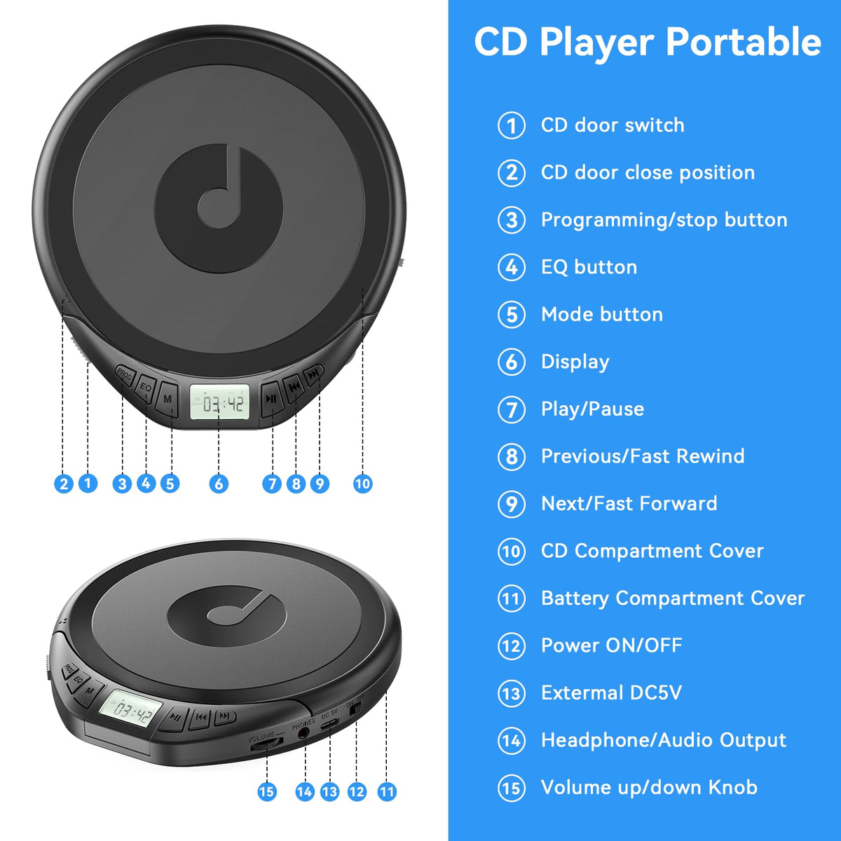 Portable CD Player with Headphones Anti-Skip Shockproof LCD Display P74572