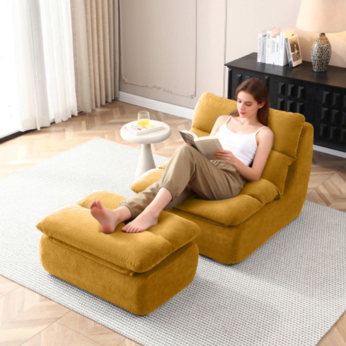 Yellow Memory Foam Bean Bag Chair with Ottoman Z50750