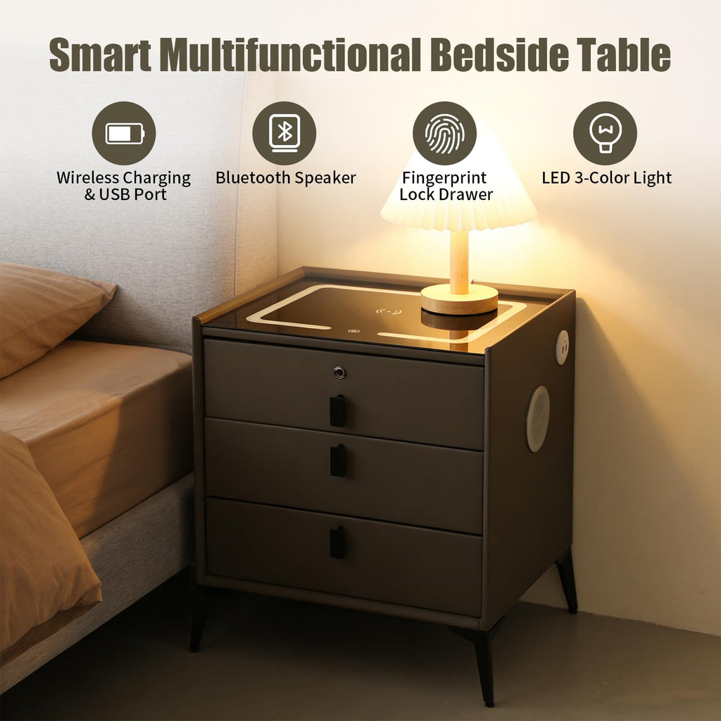 Dark Grey 3-Drawer Nightstand with Charging Station H988
