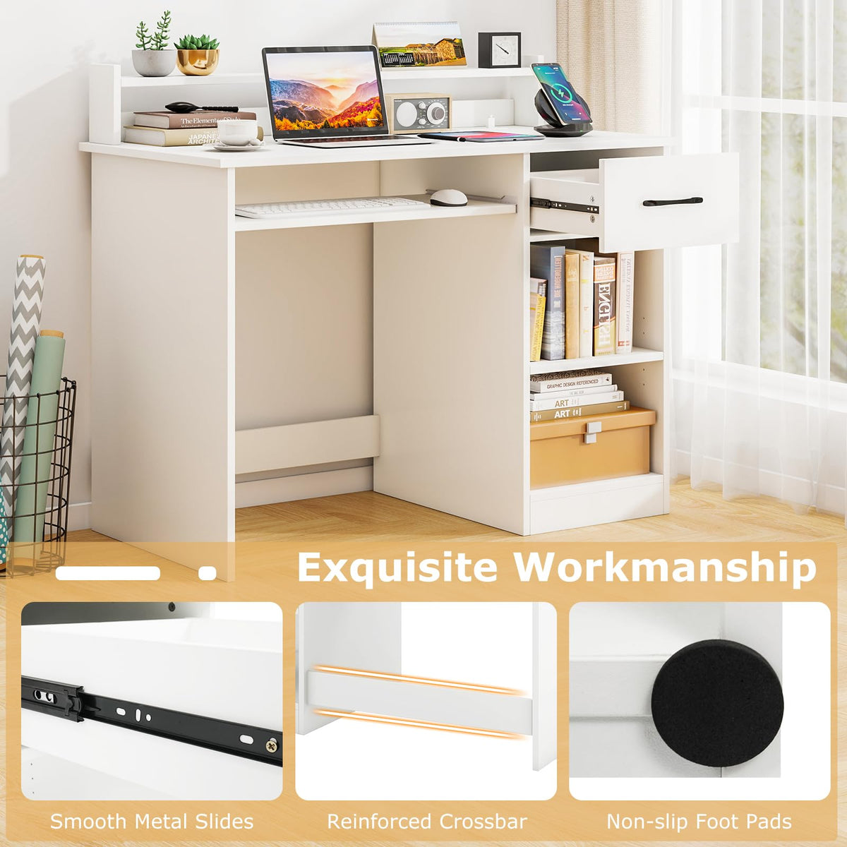 White Desk with Drawer and Keyboard Tray F803626