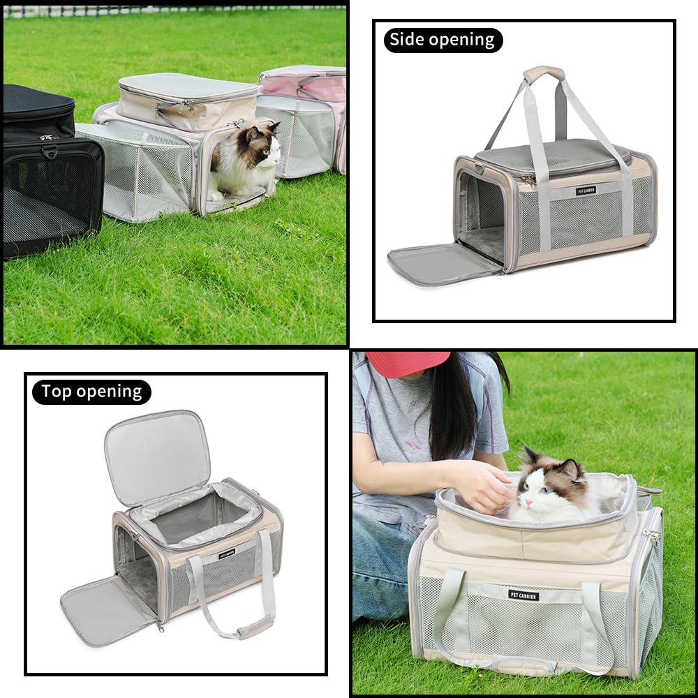 Airline Approved Pet Carrier for Cats and Small Dogs up to 15 lbs, Breathable Mesh, Portable Travel Bag (Khaki, Expandable) C8015