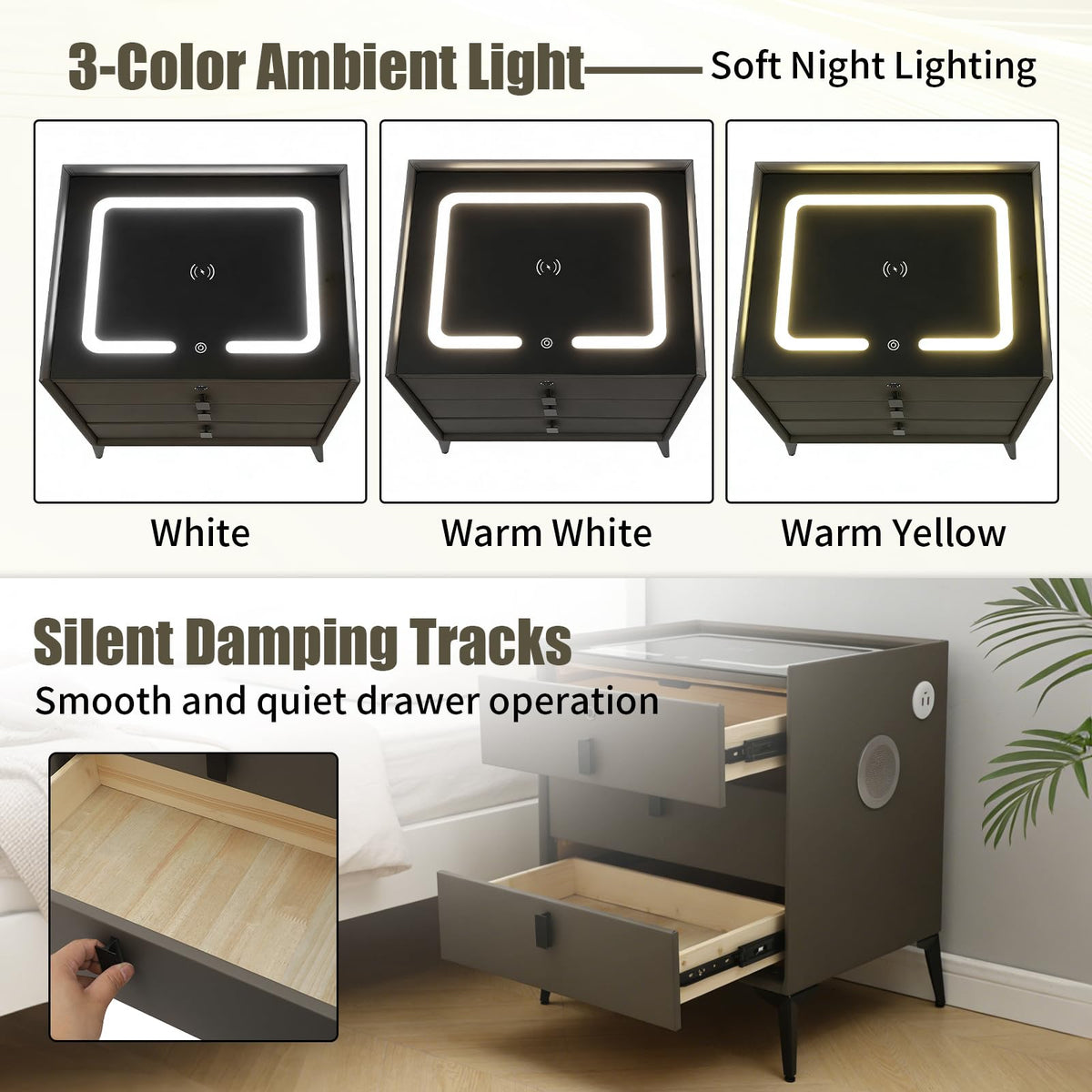 Dark Grey 3-Drawer Nightstand with Charging Station H988