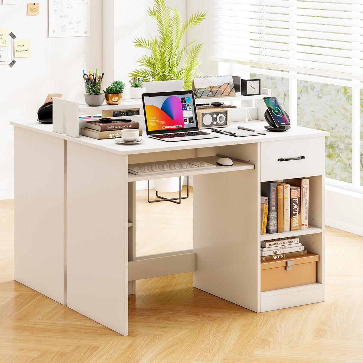 White Desk with Drawer and Keyboard Tray F803626