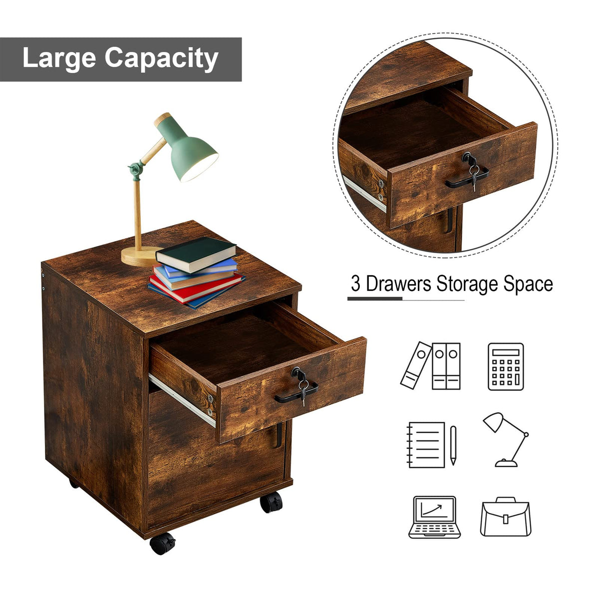 1 Drawer Wood File Cabinet with Lock and Wheels V7490