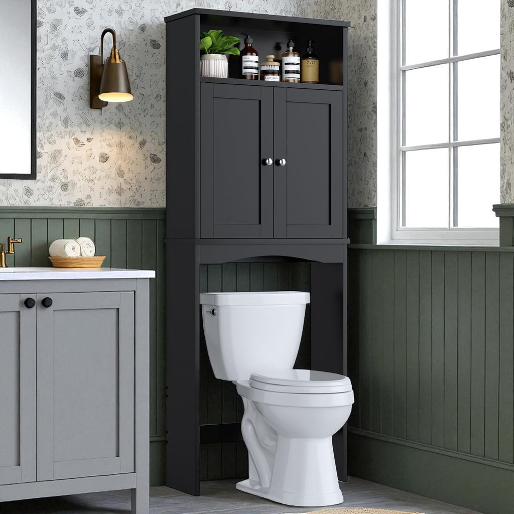 Over The Toilet Storage Cabinet with Adjustable Shelf and Double Door, Black B237679