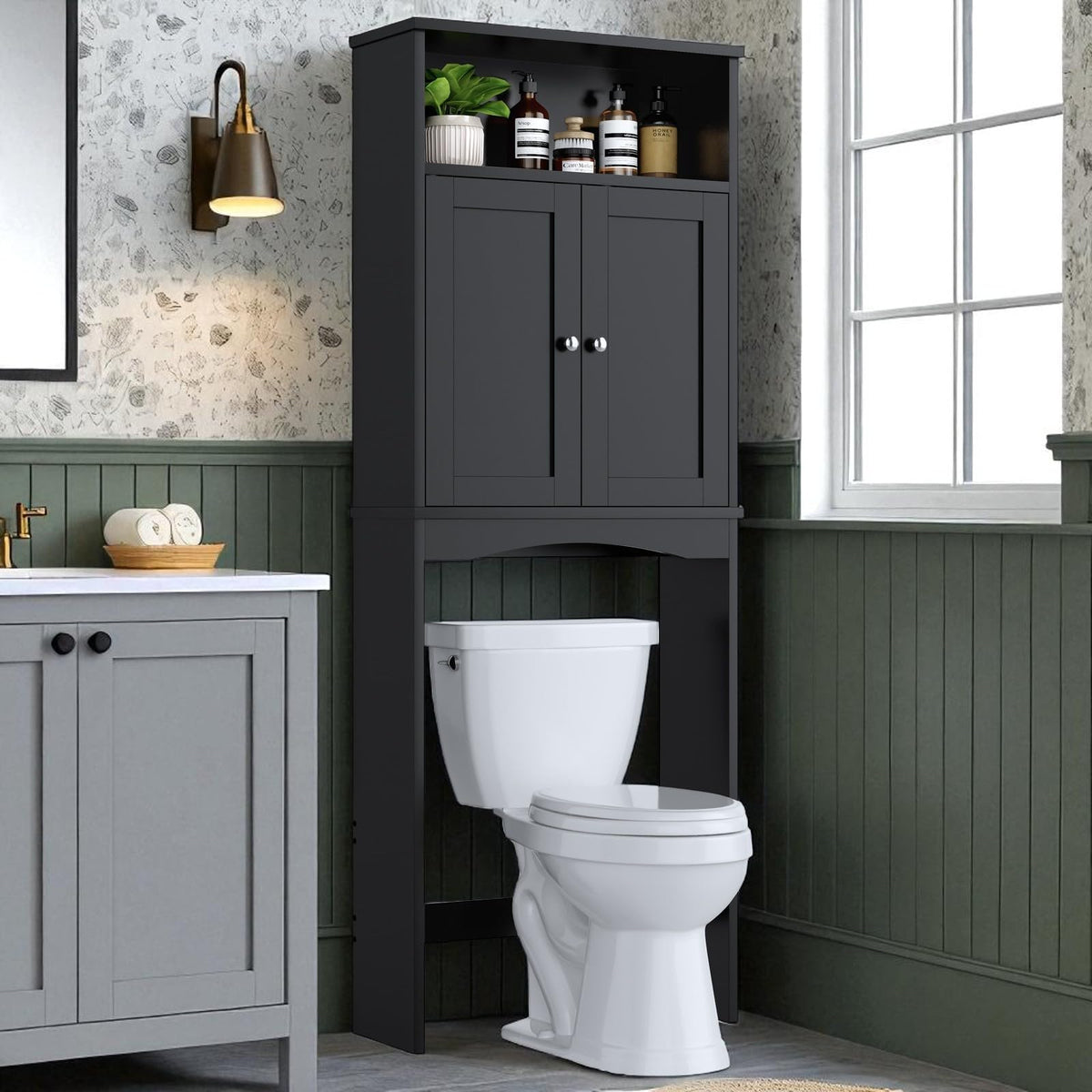 Over The Toilet Storage Cabinet with Adjustable Shelf and Double Door, Black B237679