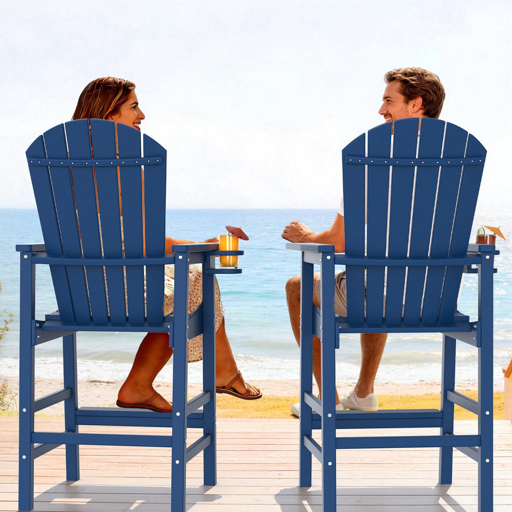 Tall Adirondack Chairs Set of 2, All-Weather Plastic with Cup Holders, Navy Blue A744