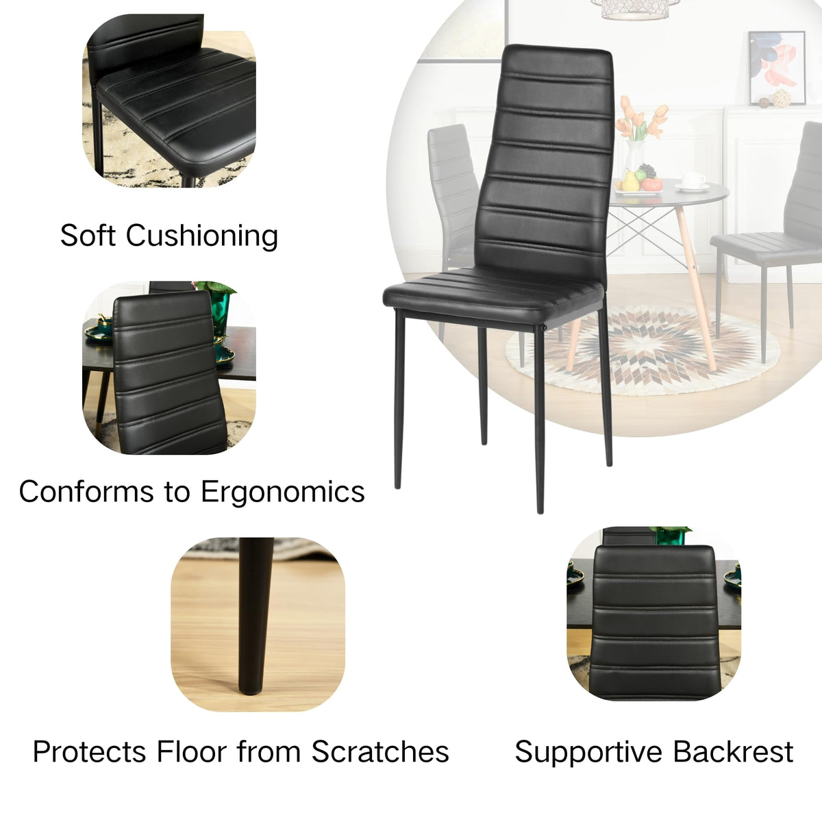 Black PU Dining Chairs Set of 4 Metal Legs I671095