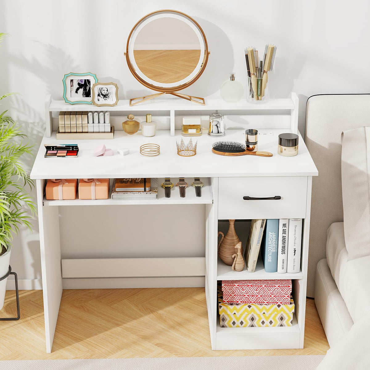White Desk with Drawer and Keyboard Tray F803626