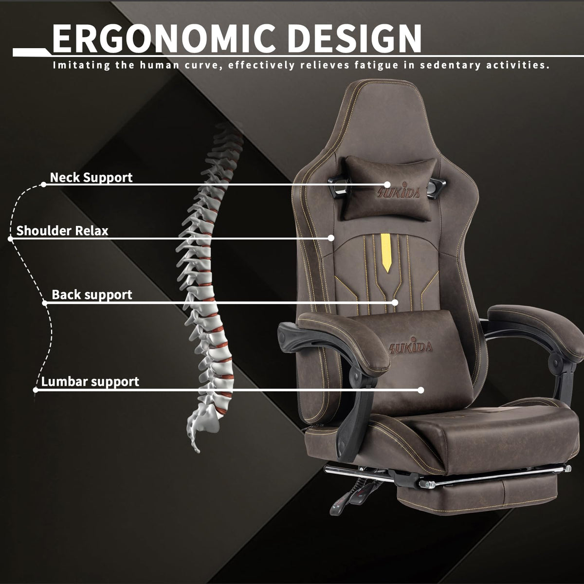 Brown Ergonomic Gaming Chair with Footrest and Massage Lumbar Cushion I159512