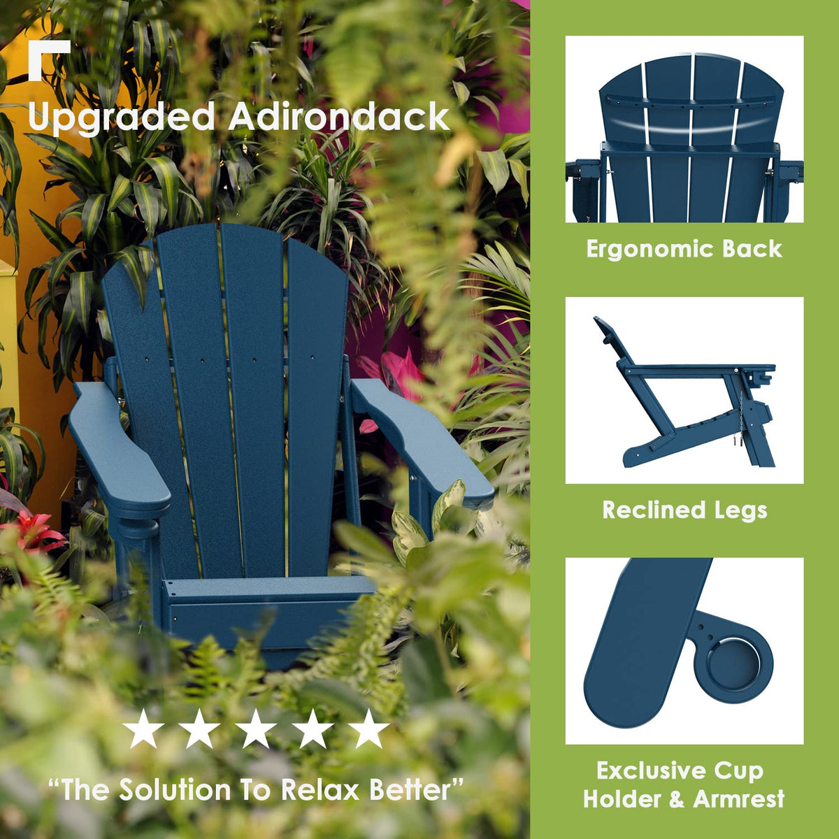 Blue Folding Adirondack Chairs with Ottoman Set of 6 P846153