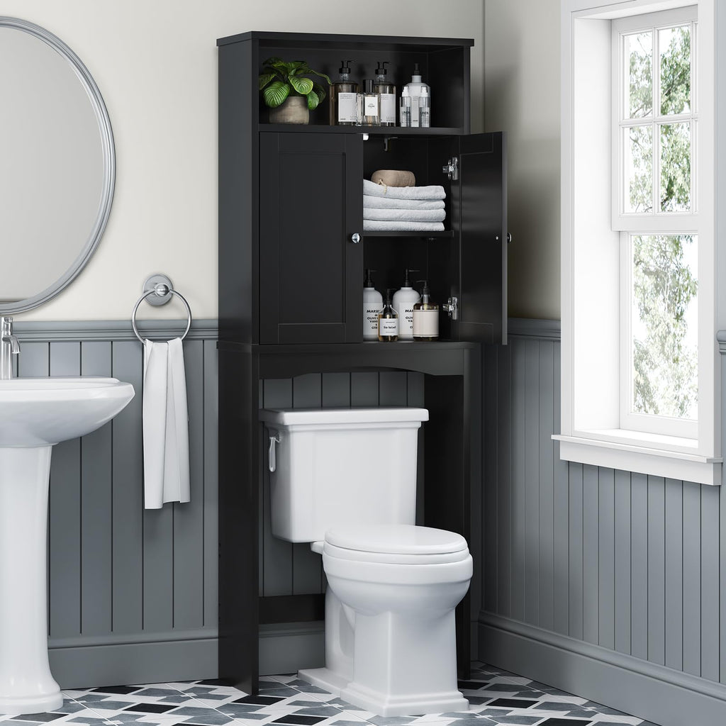 Over The Toilet Storage Cabinet with Adjustable Shelf and Double Door, Black B237679