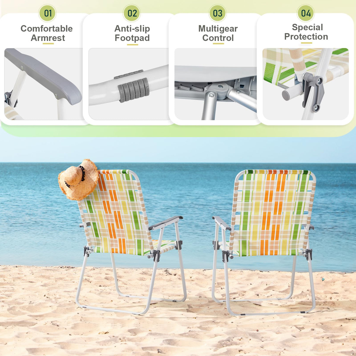 Yellow & Green Webbed Lawn Chairs Set of 2 J67140