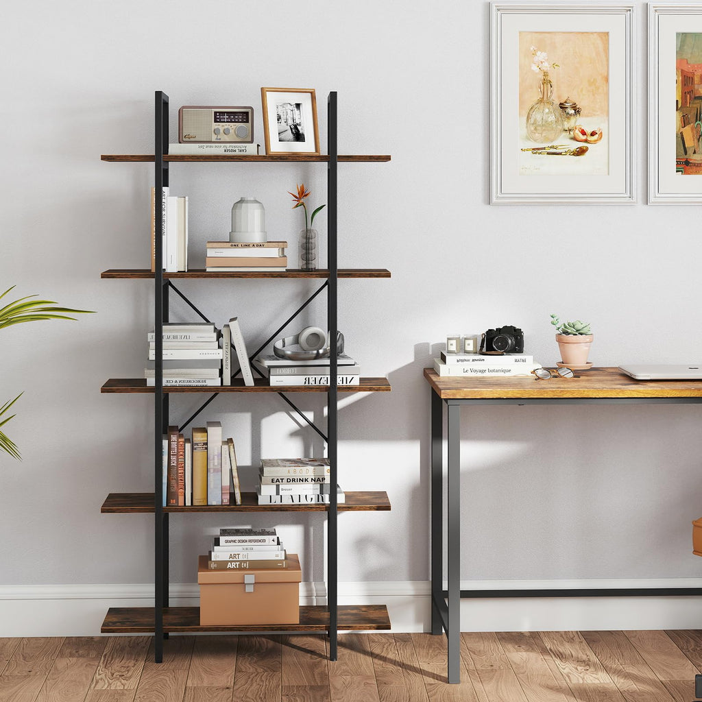 5-Tier Rustic Brown Bookshelf with Metal Frame U25939