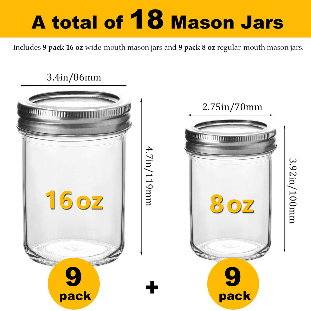 16 oz & 8 oz Clear Glass Mason Jars with Lids, Set of 18 H816558