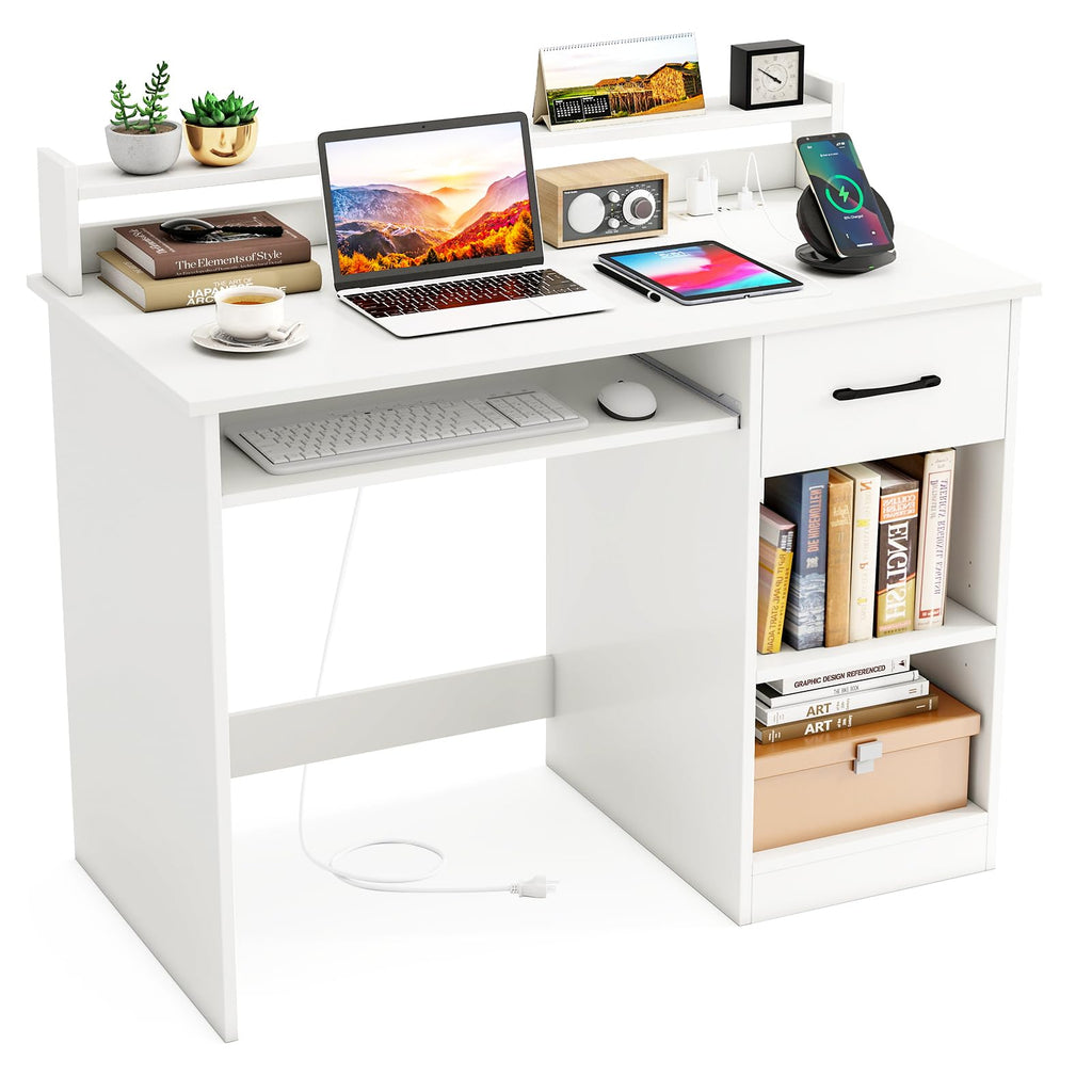 White Desk with Drawer and Keyboard Tray F803626