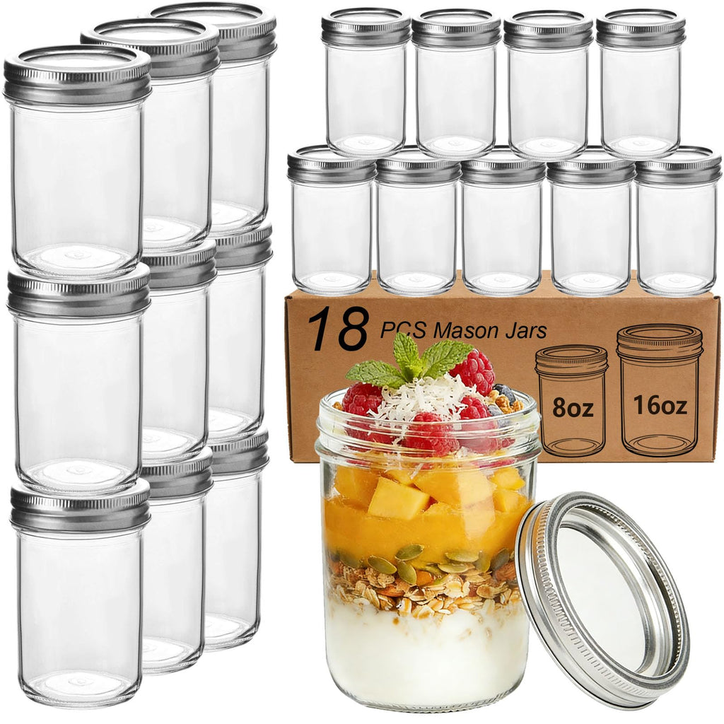 16 oz & 8 oz Clear Glass Mason Jars with Lids, Set of 18 H816558