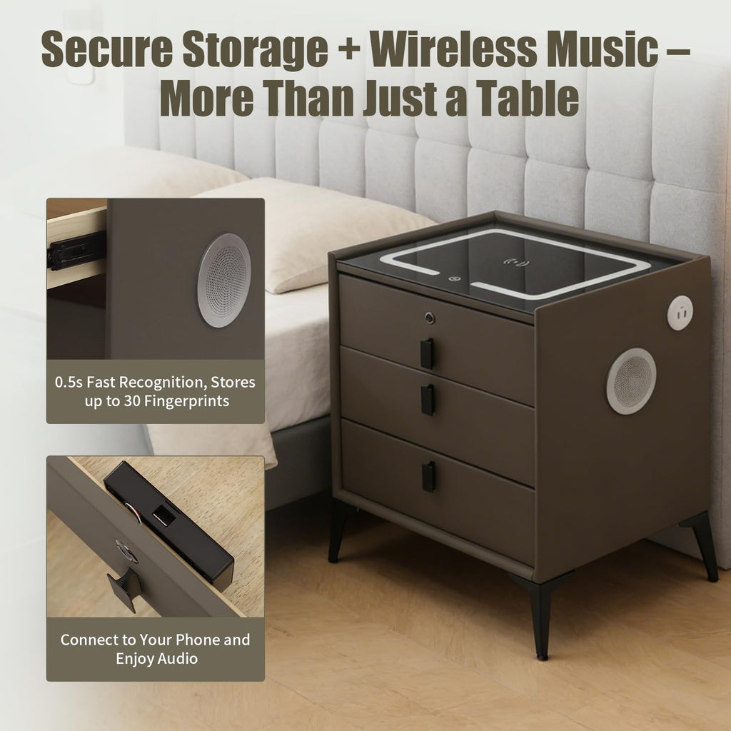 Dark Grey 3-Drawer Nightstand with Charging Station H988